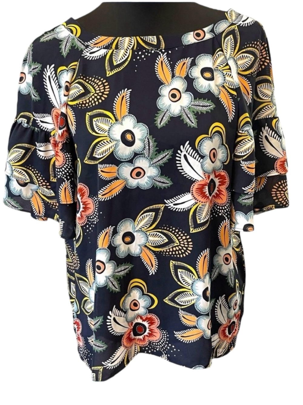 LOFT Navy Multi-Colour Floral Ruffle Sleeve Tie Back Scoop Neck Top (M)